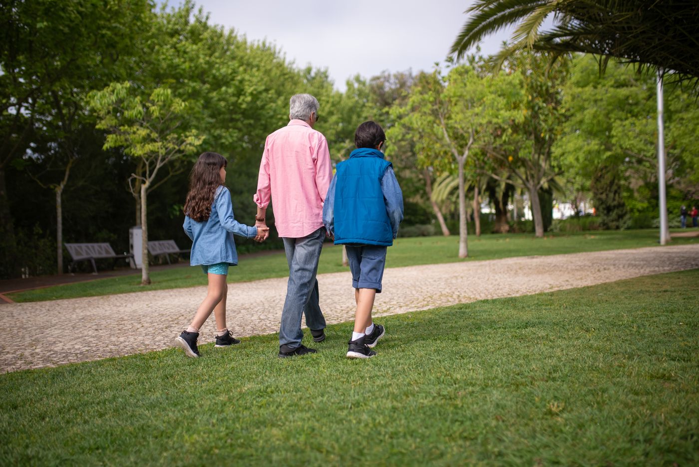 A grandfather walking hand in hand with his grandchildren